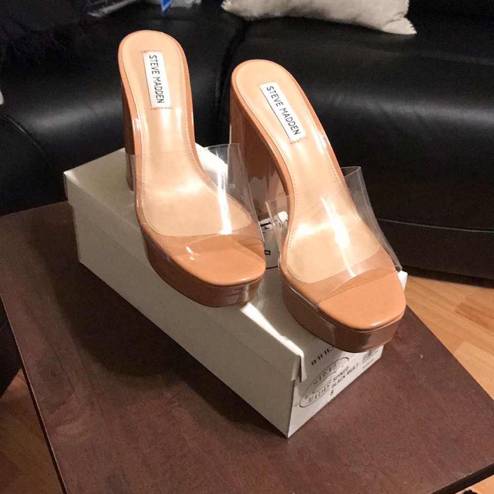 Steve Madden Block Heels Mules Camel& clear color, size 8.5